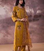 Ethnic Motifs Printed Straight Thread Work Kurta With Trousers & Dupatta