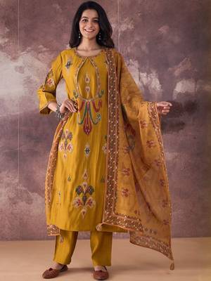 Ethnic Motifs Printed Straight Thread Work Kurta With Trousers & Dupatta 4