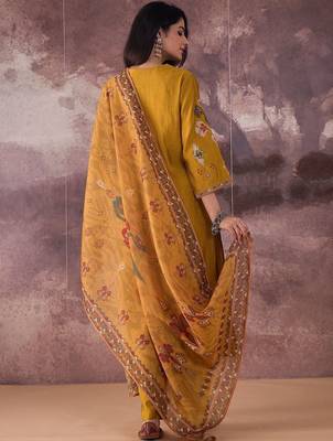 Ethnic Motifs Printed Straight Thread Work Kurta With Trousers & Dupatta 5