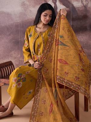 Ethnic Motifs Printed Straight Thread Work Kurta With Trousers & Dupatta 6