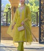 Ethnic Motifs Embroidered Regular Zari Straight Kurta With Trousers & Dupatta