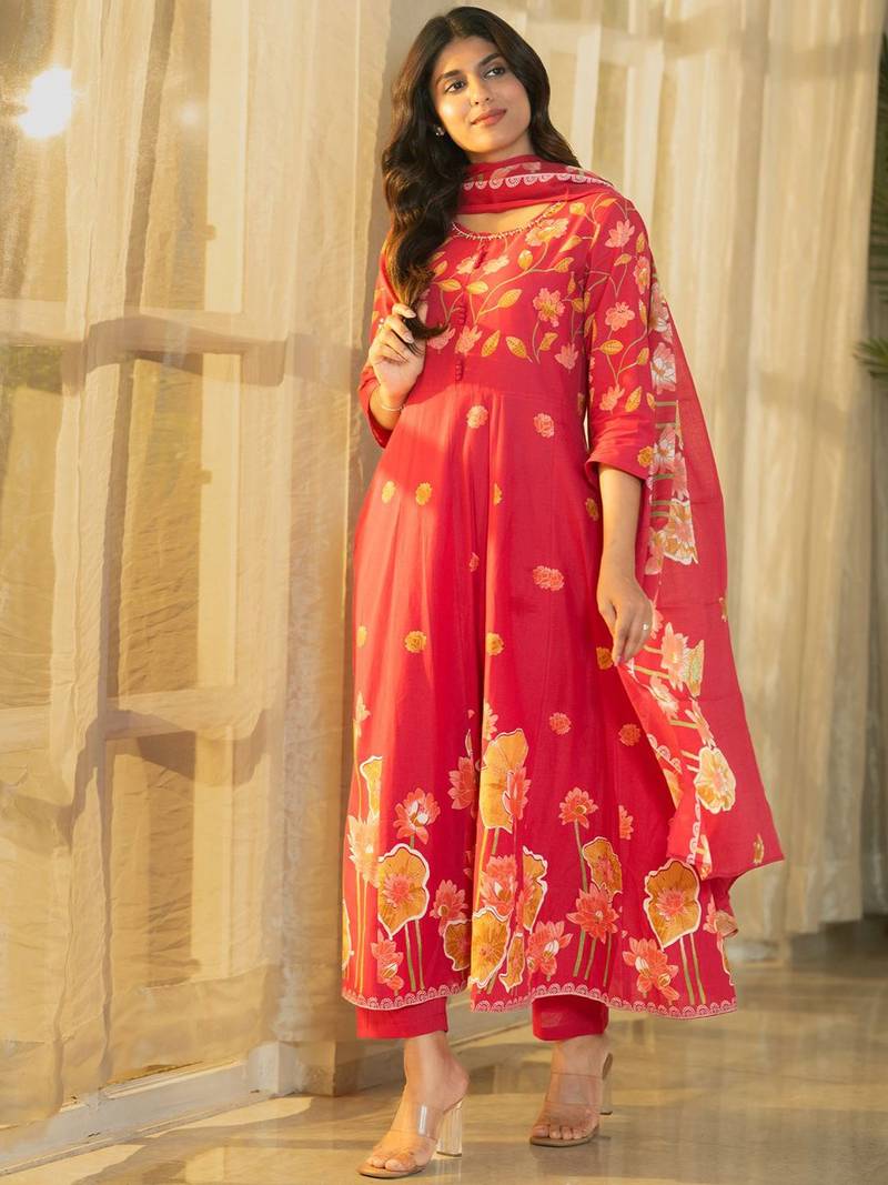 Women Floral Printed Cotton Kurta with Pyjama & Dupatta
