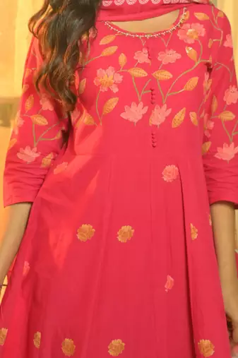 Women Floral Printed Cotton Kurta with Pyjama & Dupatta