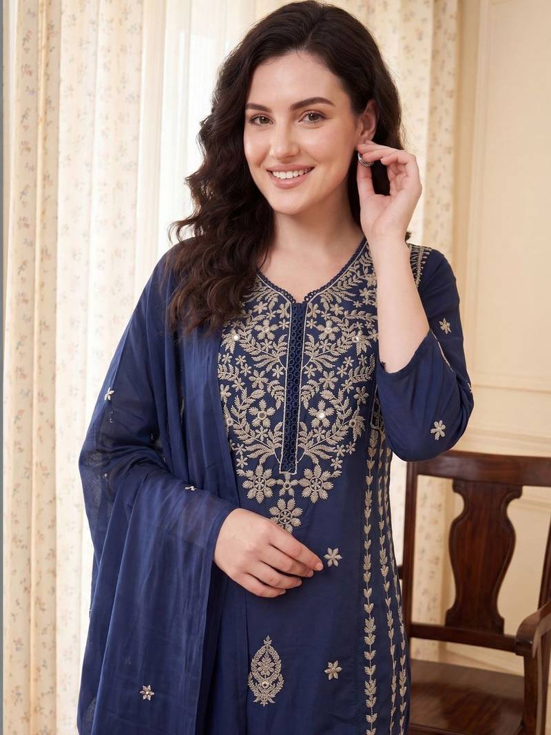 Women Ethnic Motifs Embroidered Regular Thread Work  Cotton Kurta with Trousers & With Dupatta