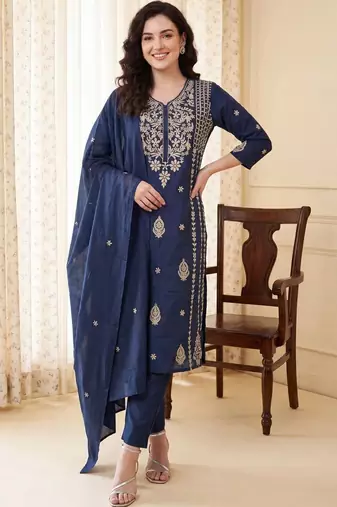 Women Ethnic Motifs Embroidered Regular Thread Work  Cotton Kurta with Trousers & With Dupatta