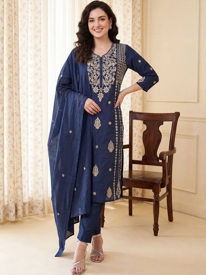Women Ethnic Motifs Embroidered Regular Thread Work  Cotton Kurta with Trousers & With Dupatta