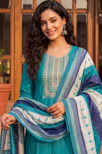 Women Ethnic Motifs Embroidered Regular Thread Work Kurta with Trousers & With Dupatta