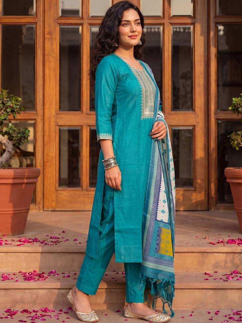 Women Ethnic Motifs Embroidered Regular Thread Work Kurta with Trousers & With Dupatta