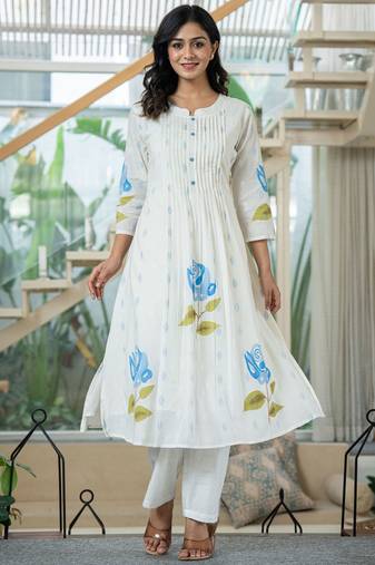 Floral Printed Mandarin Collar Pleated Cotton A-Line Kurta With Trouser