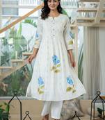Floral Printed Mandarin Collar Pleated  Cotton A-Line Kurta With Trouser