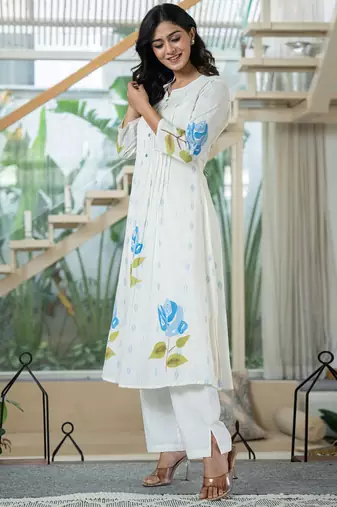 Floral Printed Mandarin Collar Pleated Pure Cotton A-Line Kurta With Trouser