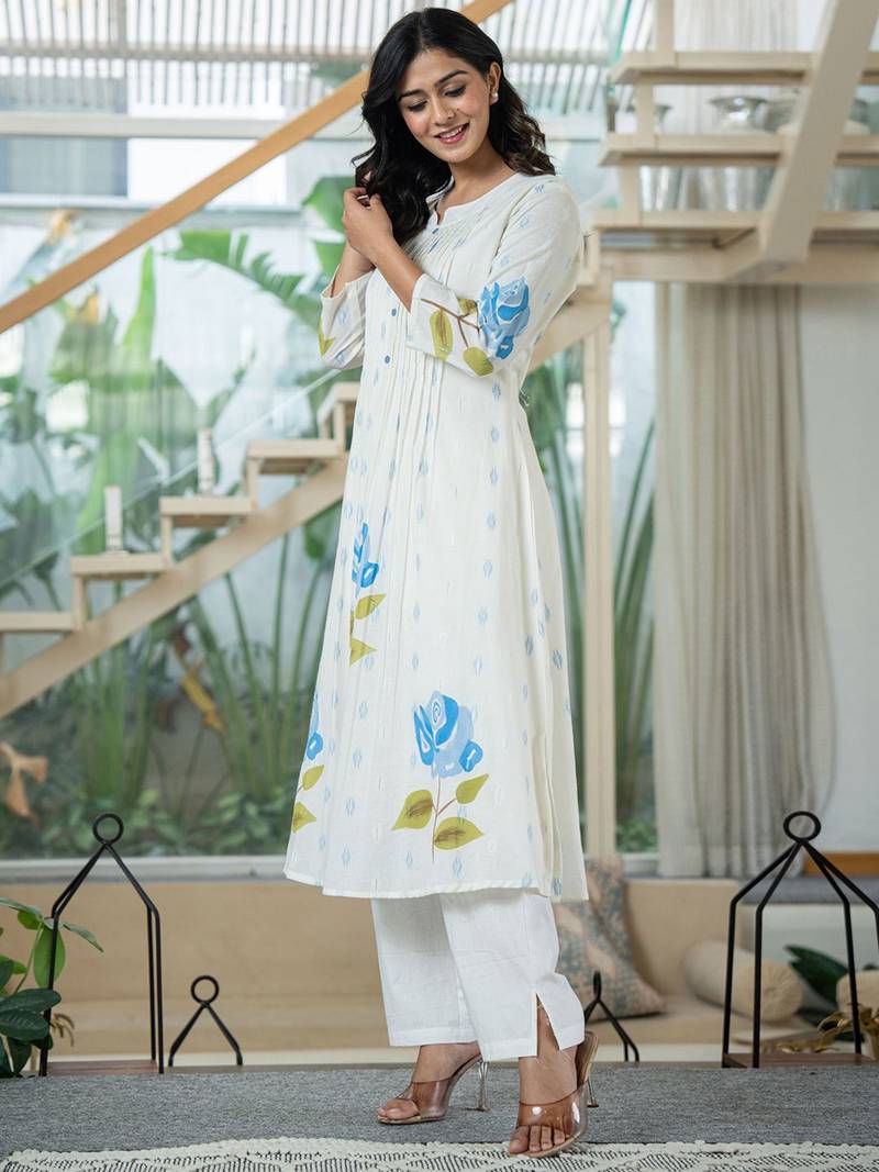 Floral Printed Mandarin Collar Pleated  Cotton A-Line Kurta With Trouser