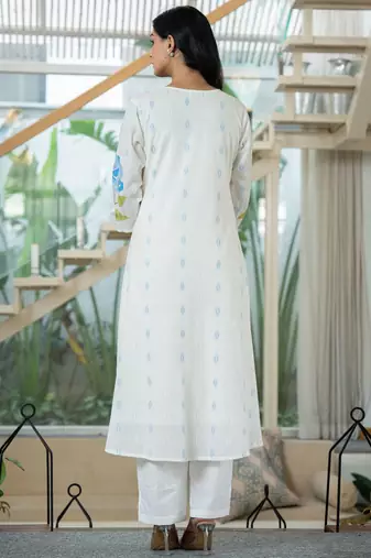Floral Printed Mandarin Collar Pleated Pure Cotton A-Line Kurta With Trouser