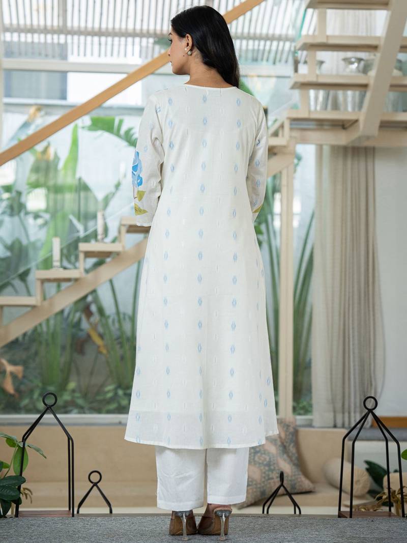 Floral Printed Mandarin Collar Pleated  Cotton A-Line Kurta With Trouser