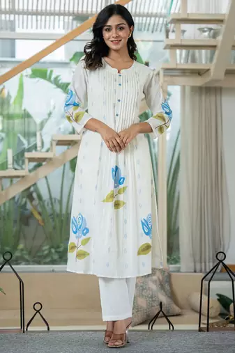 Floral Printed Mandarin Collar Pleated Pure Cotton A-Line Kurta With Trouser