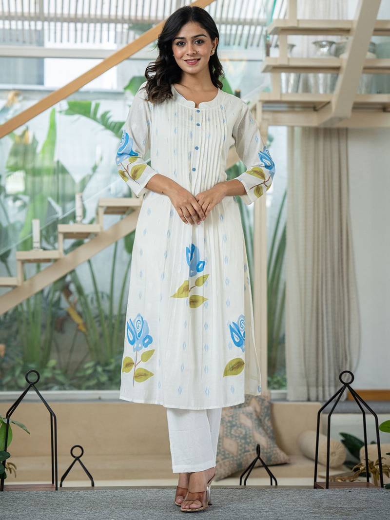 Floral Printed Mandarin Collar Pleated  Cotton A-Line Kurta With Trouser