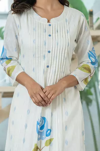 Floral Printed Mandarin Collar Pleated Pure Cotton A-Line Kurta With Trouser