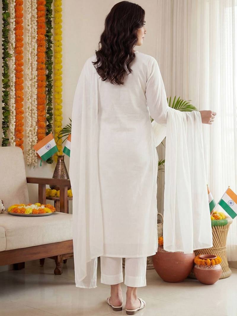 Women Ethnic Motifs Embroidered Regular Chikankari  Cotton Kurta with Trousers & With Dupatta