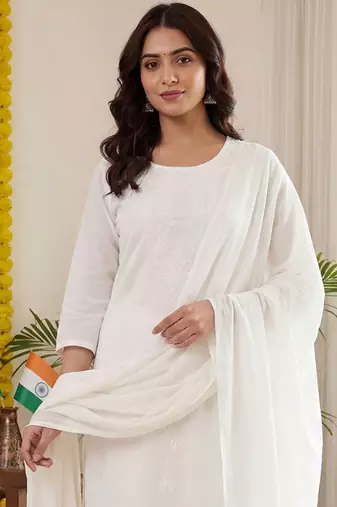 Women Ethnic Motifs Embroidered Regular Chikankari Pure Cotton Kurta with Trousers & With Dupatta