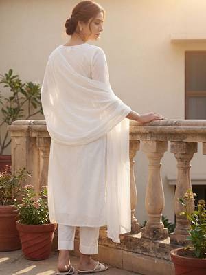Women Ethnic Motifs Embroidered Regular Chikankari  Cotton Kurta with Trousers & With Dupatta 4