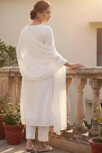 Women Ethnic Motifs Embroidered Regular Chikankari Pure Cotton Kurta with Trousers & With Dupatta
