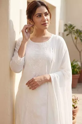 Women Ethnic Motifs Embroidered Regular Chikankari Pure Cotton Kurta with Trousers & With Dupatta