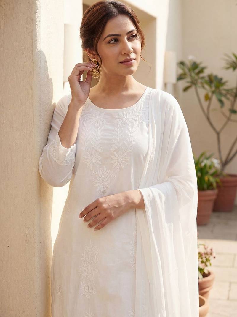 Women Ethnic Motifs Embroidered Regular Chikankari  Cotton Kurta with Trousers & With Dupatta