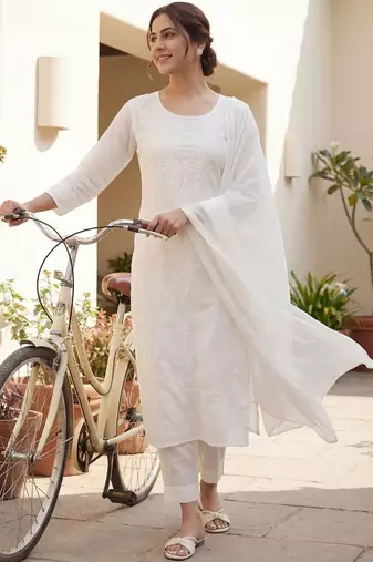 Women Ethnic Motifs Embroidered Regular Chikankari Pure Cotton Kurta with Trousers & With Dupatta