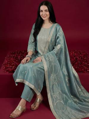 Women Ethnic Motifs Embroidered Regular Thread Work Kurta with Trousers & With Dupatta 1
