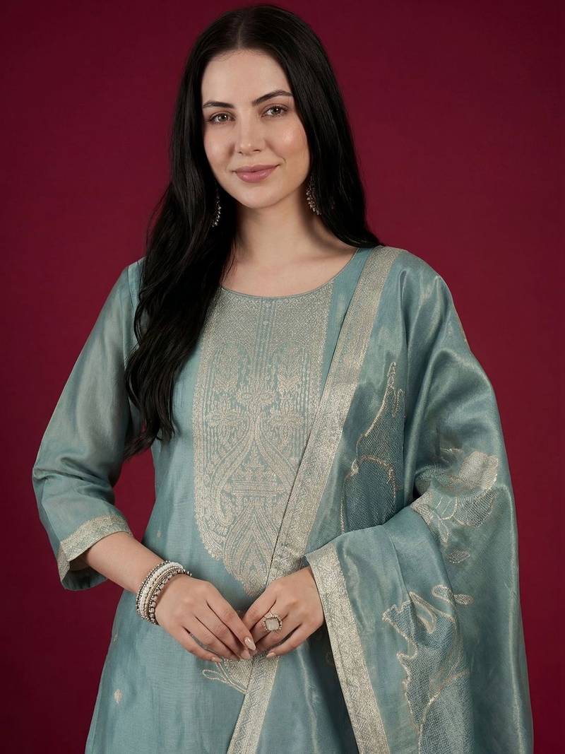 Women Ethnic Motifs Embroidered Regular Thread Work Kurta with Trousers & With Dupatta