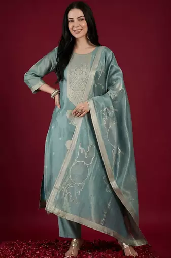Women Ethnic Motifs Embroidered Regular Thread Work Kurta with Trousers & With Dupatta
