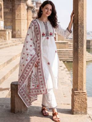 Women Ethnic Motifs Embroidered Regular  Cotton Kurta with Trousers & With Dupatta 1