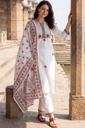 Women Ethnic Motifs Embroidered Cotton Kurta with Trousers & With Dupatta