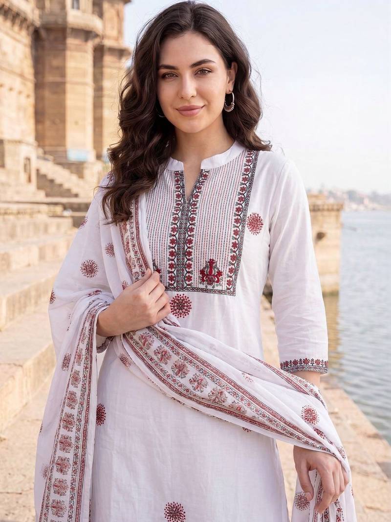Women Ethnic Motifs Embroidered Regular  Cotton Kurta with Trousers & With Dupatta