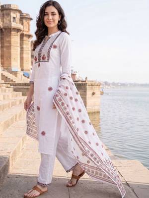 Women Ethnic Motifs Embroidered Regular  Cotton Kurta with Trousers & With Dupatta 3