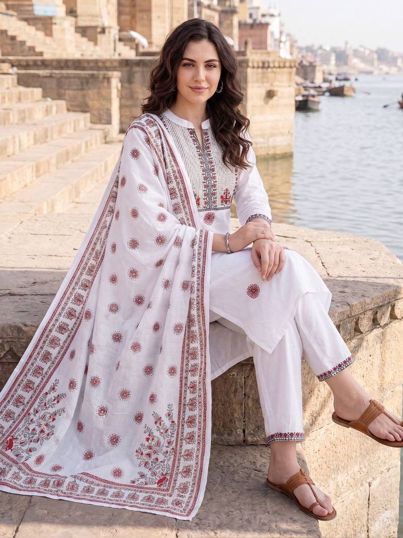 Women Ethnic Motifs Embroidered Regular  Cotton Kurta with Trousers & With Dupatta