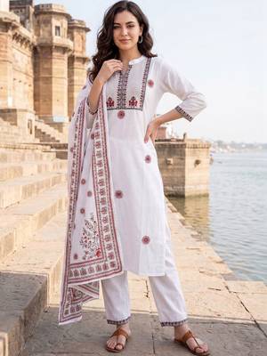 Women Ethnic Motifs Embroidered Regular  Cotton Kurta with Trousers & With Dupatta 6