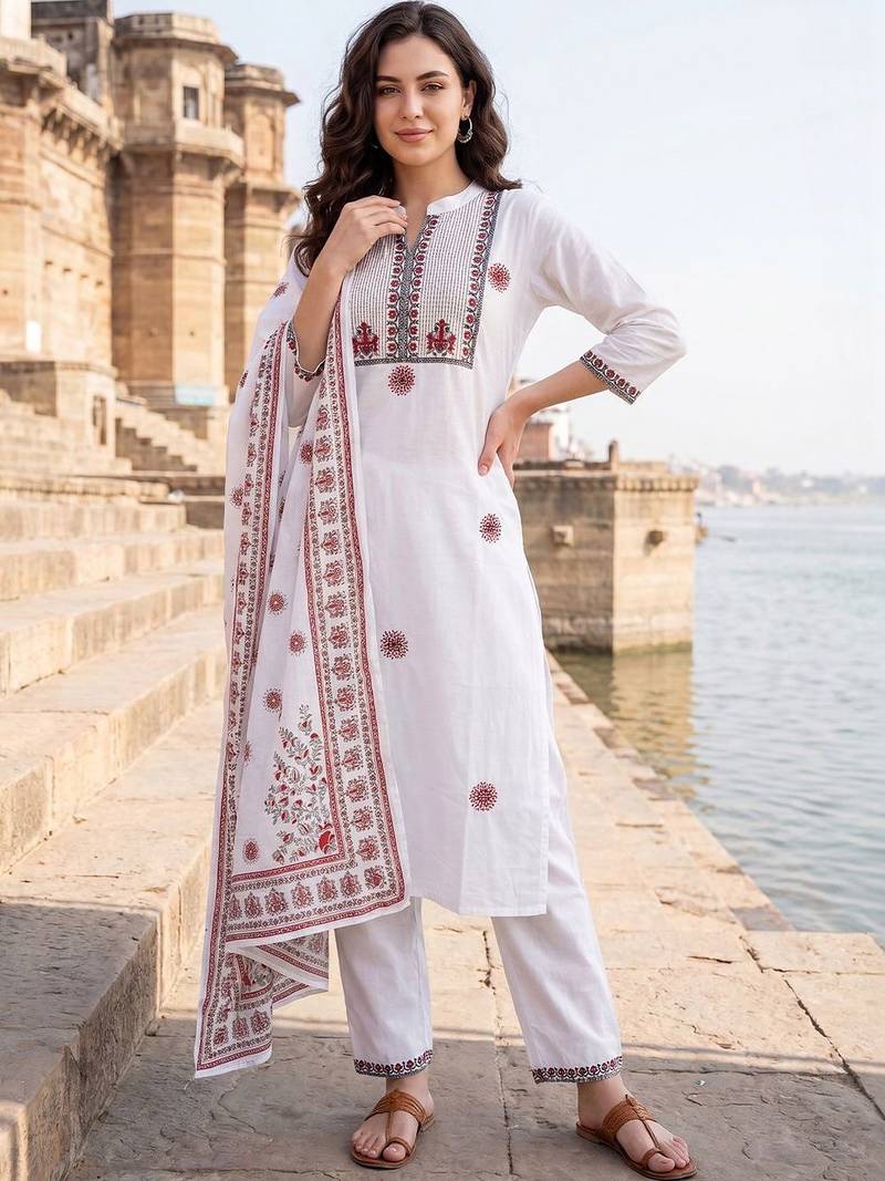 Women Ethnic Motifs Embroidered Regular  Cotton Kurta with Trousers & With Dupatta