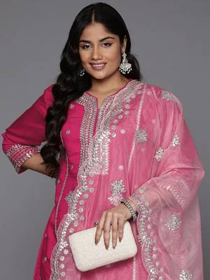 Plus Size Magenta Embroidered Straight Kurta Trousers With Dupatta Set 1