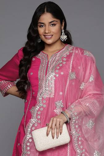 Plus Size Magenta Embroidered Straight Kurta Trousers With Dupatta Set