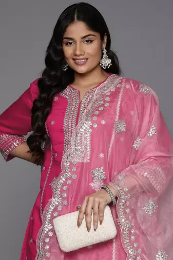 Plus Size Magenta Embroidered Straight Kurta Trousers With Dupatta Set
