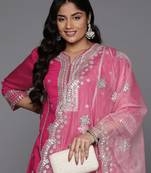 Plus Size Magenta Embroidered Straight Kurta Trousers With Dupatta Set