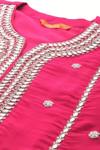 Plus Size Magenta Embroidered Straight Kurta Trousers With Dupatta Set