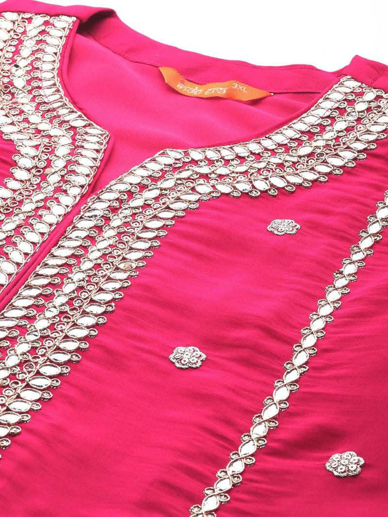 Plus Size Magenta Embroidered Straight Kurta Trousers With Dupatta Set