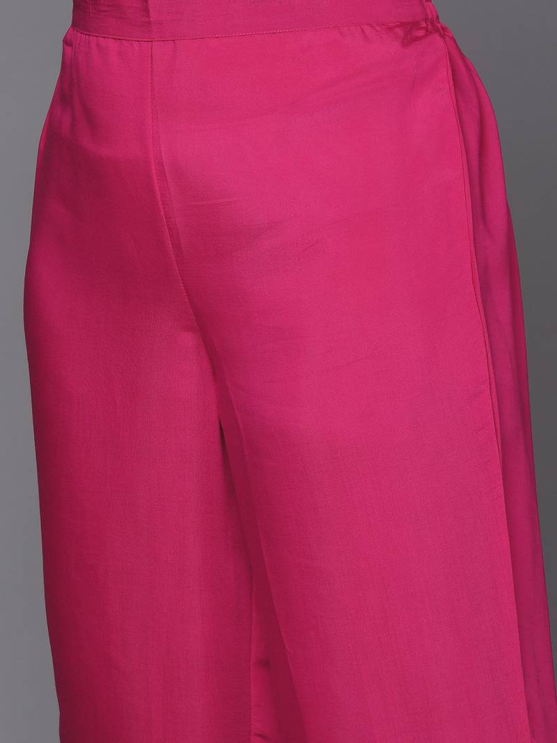 Plus Size Magenta Embroidered Straight Kurta Trousers With Dupatta Set
