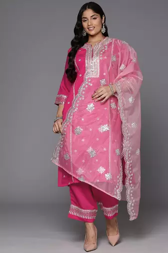 Plus Size Magenta Embroidered Straight Kurta Trousers With Dupatta Set