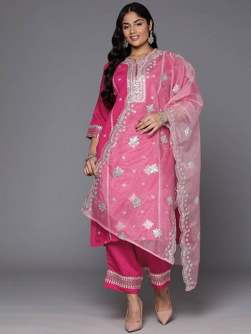 Plus Size Magenta Embroidered Straight Kurta Trousers With Dupatta Set