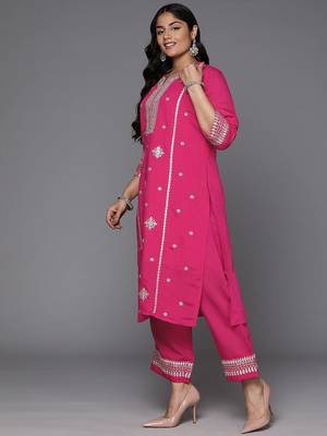 Plus Size Magenta Embroidered Straight Kurta Trousers With Dupatta Set 6