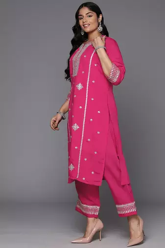 Plus Size Magenta Embroidered Straight Kurta Trousers With Dupatta Set