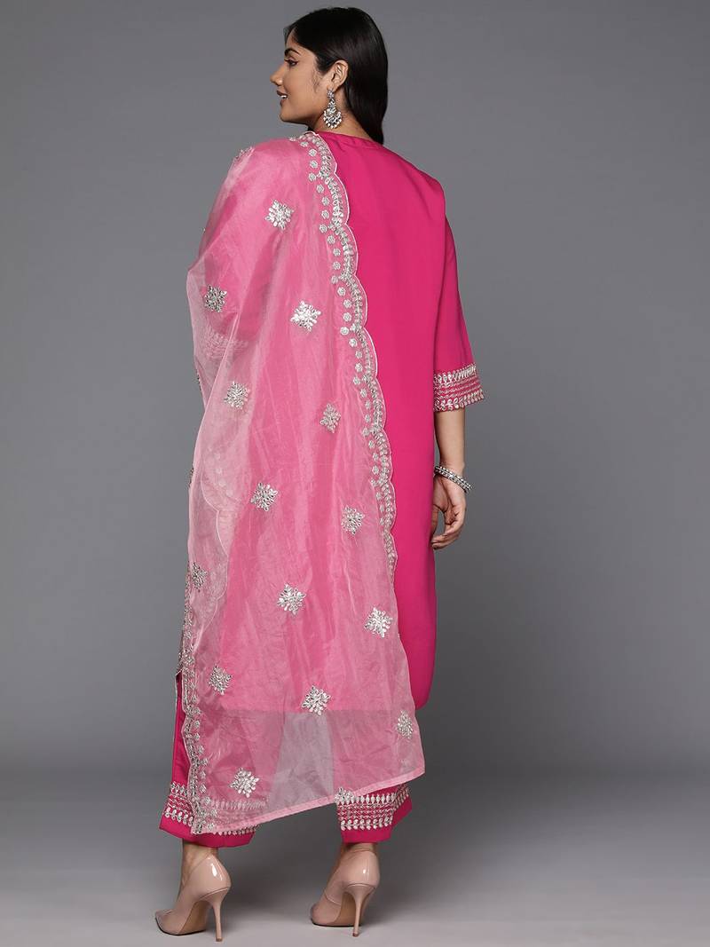 Plus Size Magenta Embroidered Straight Kurta Trousers With Dupatta Set